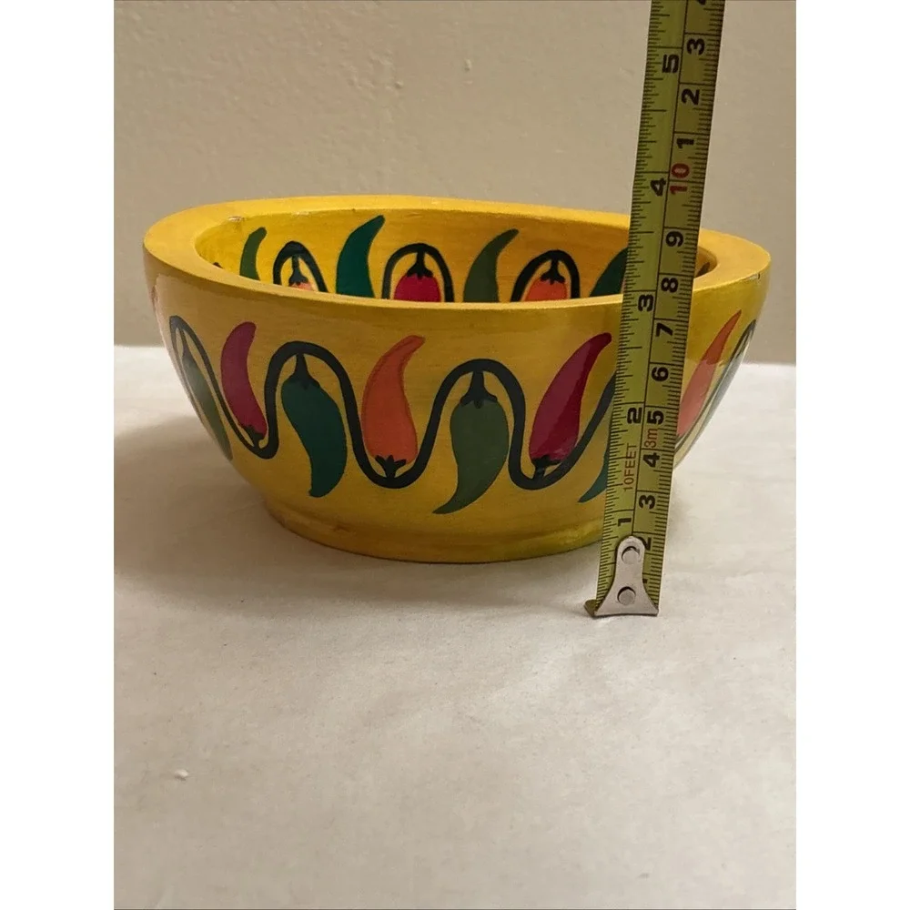Pedro Marcos Signed Mexican Folk Art Hand Painted Wood Chili Pepper Bowl Yellow